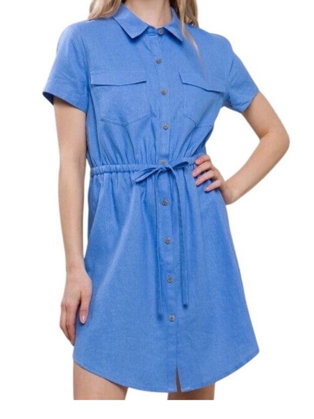 Love Tree Light Blue Button-Front Mini Shirt Dress